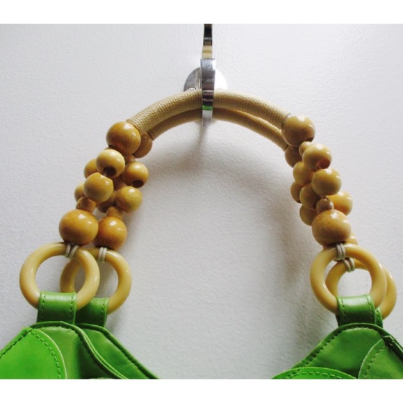 Vintage Lime Green Wooden Beads Handle Leather Bag - Picture 3 of 5